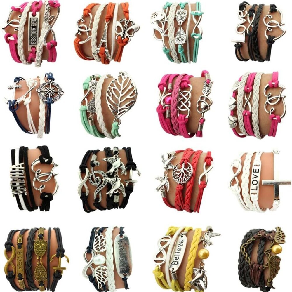 16pcs Handmade Braided Multi Layers Vintage Woven Rope Woven Leather Alloy Owl I
